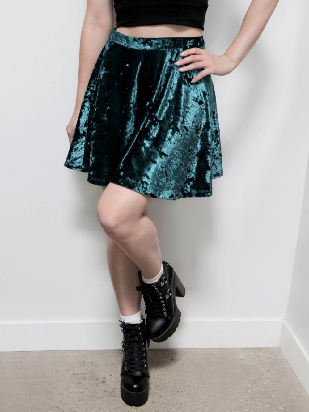 Y2K Emerald Green Crushed Velvet Skater Skirt, Whimsigoth Stretch Waist